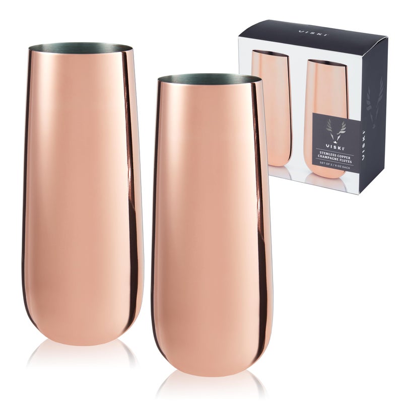 Viski Stemless Champagne Flutes, Stainless Steel Sparkling Wine Glasses for Prosecco, Sparkling Cocktails, Mimosas, Elegant Glassware for Wedding Gifts, Home Bar, 8 oz, Set of 2, Copper - Image 1